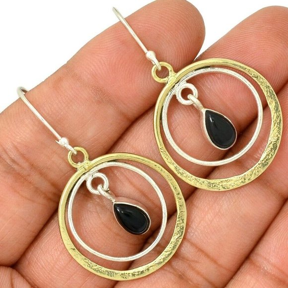 New - Black Onyx 925 Sterling Silver Two Tone Earrings - Picture 1 of 1